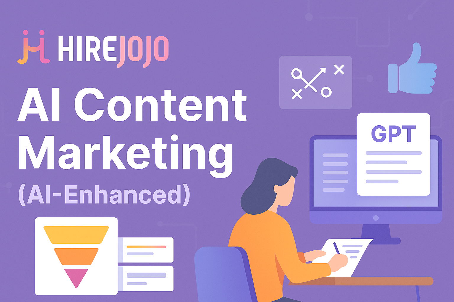 AI Content Marketing illustration featuring content funnel, strategy flowcharts, GPT-powered tools, and HirejOjO branding.
