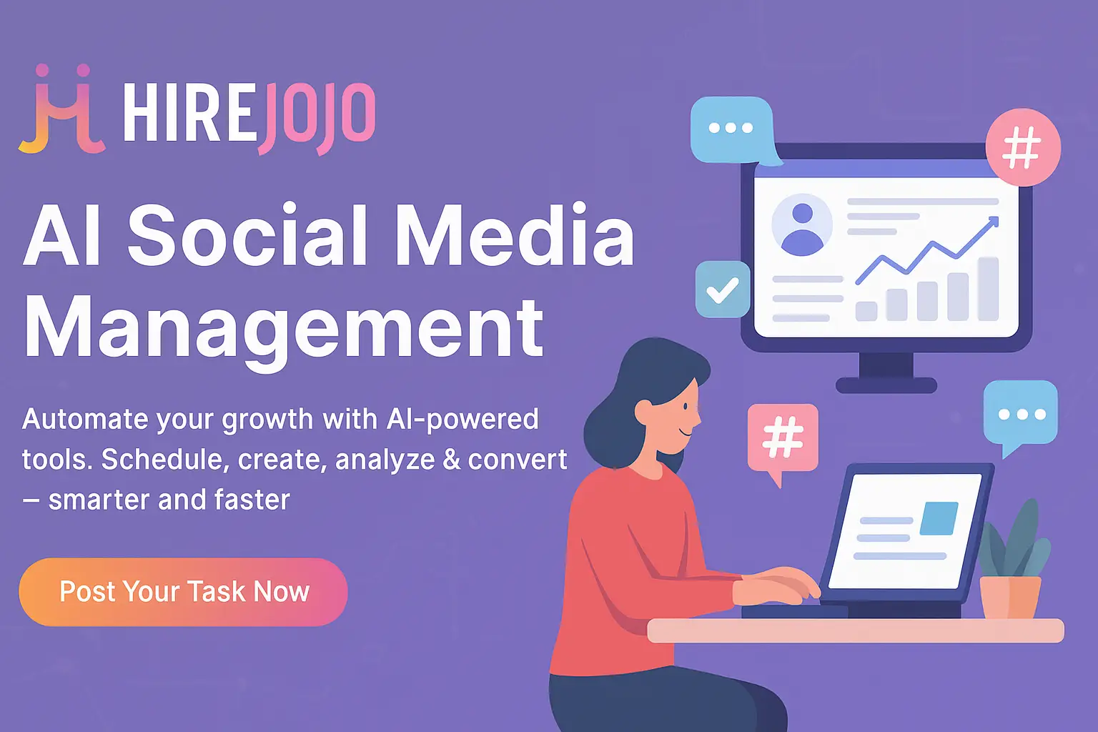 AI Social Media Management banner illustration showing automated post scheduling, content generation, analytics dashboard, and HirejOjO branding in a clean digital design.