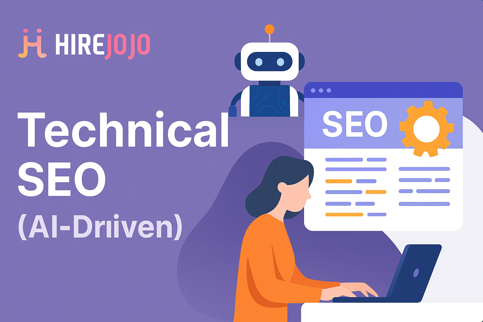 AI-driven technical SEO illustration showing code audit, site performance optimization, and indexing strategy with HirejOjO branding
