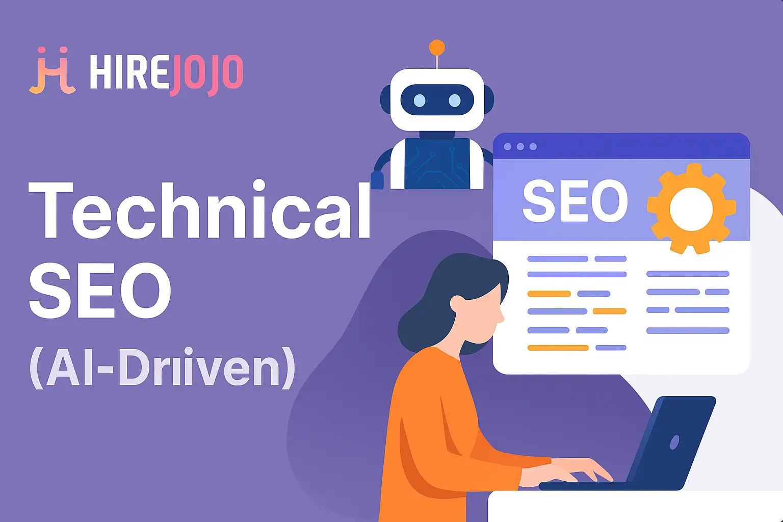 AI-driven technical SEO illustration showing code audit, site performance optimization, and indexing strategy with HirejOjO branding